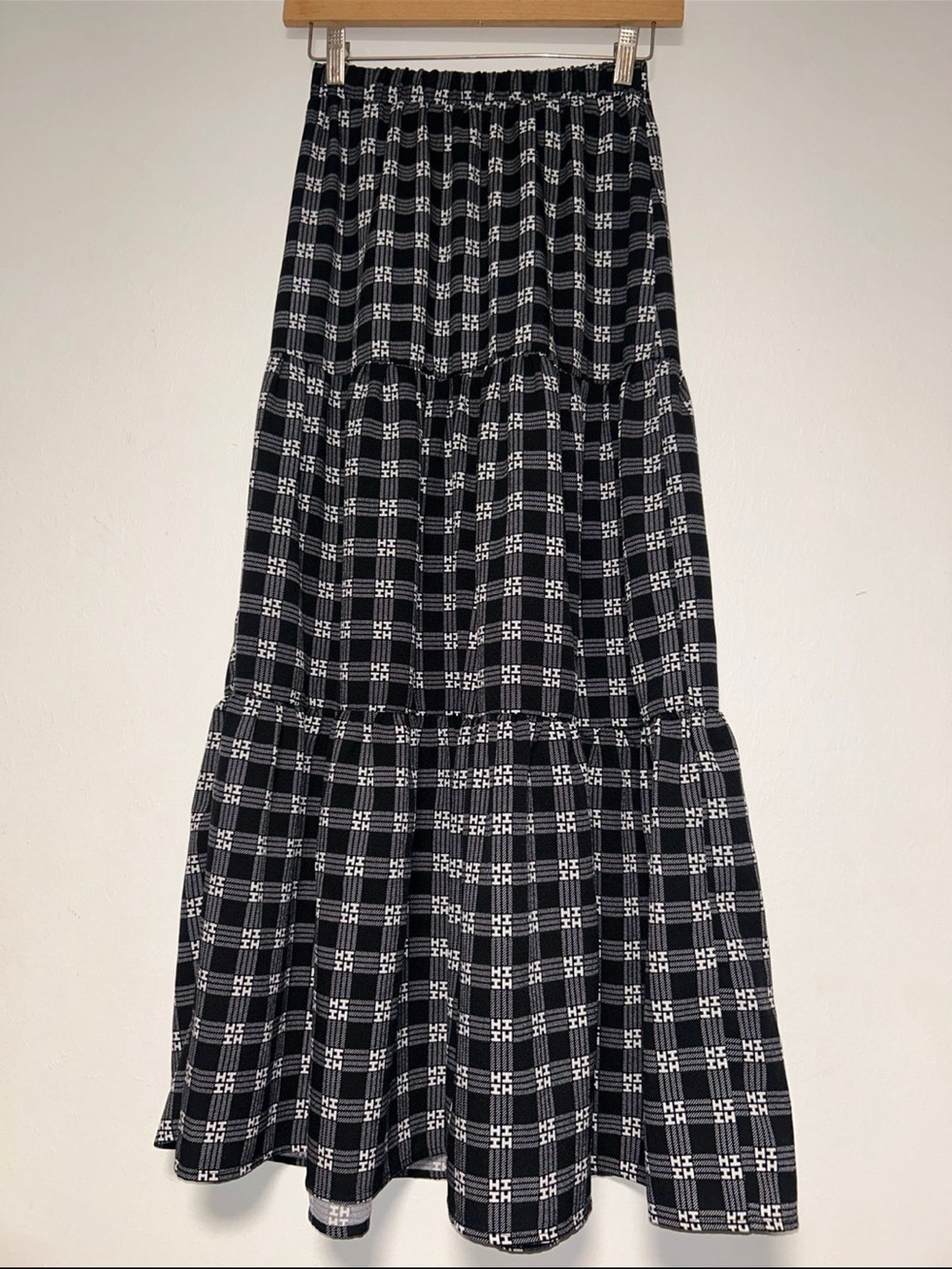 Women’s Black & White Plaid Tiered Maxi Skirt